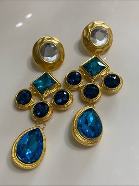 Matte Gold Blue Crystal Drop Earrings